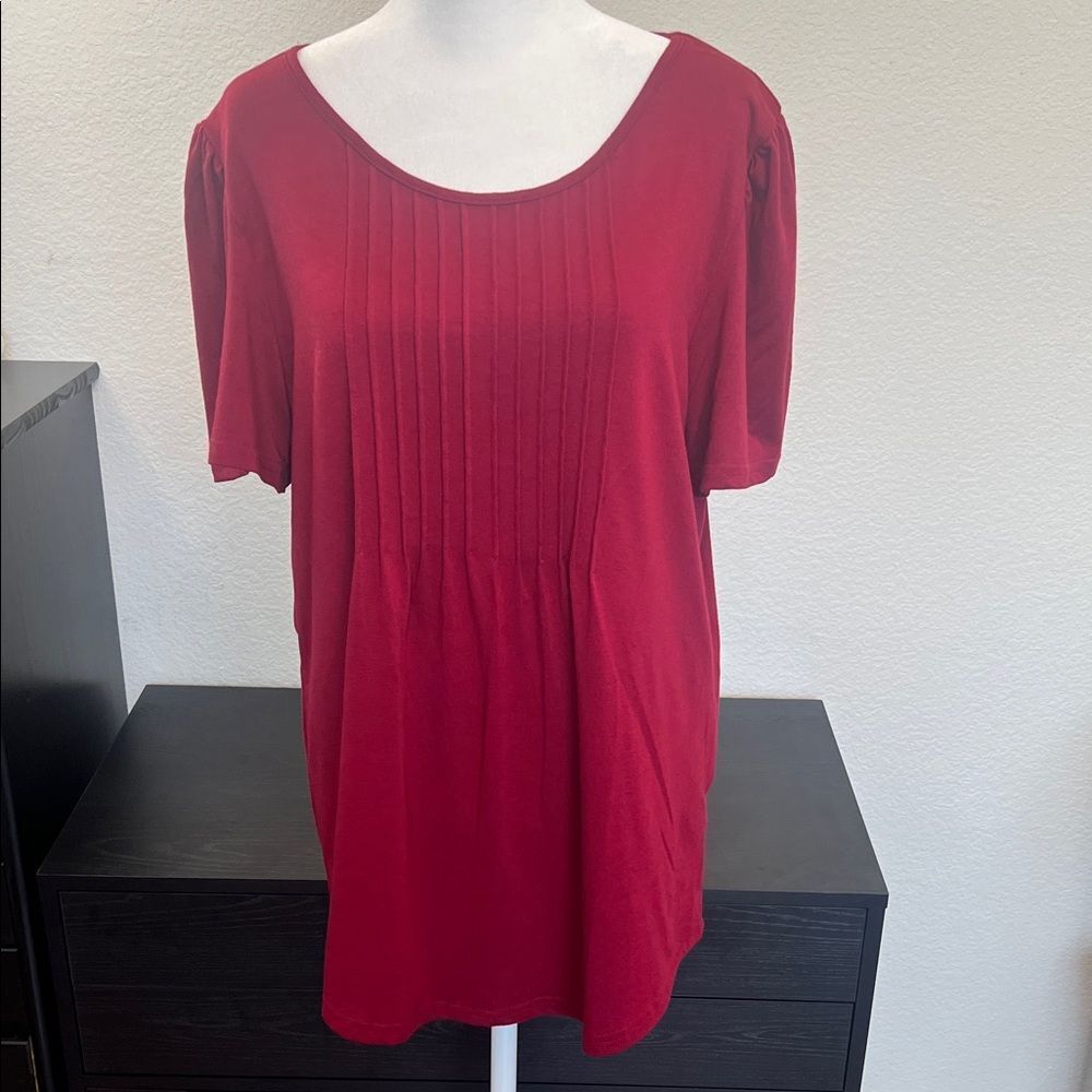 Pintuck Front Red Short Sleeve Women's Top